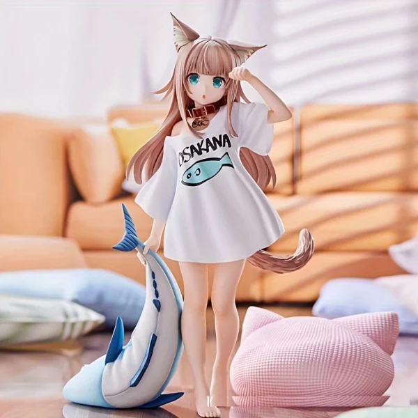 Resin figure of an anime-style cat girl, 18 cm tall, wearing a white dress with a fish design and holding a shark plush toy.