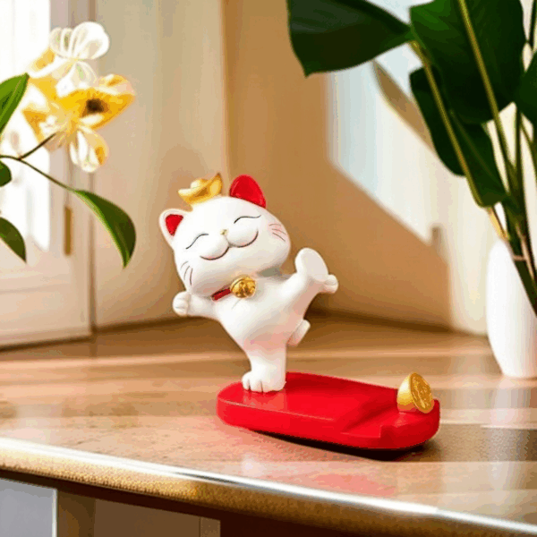 White resin cat phone stand with a kick-leg design, measuring 10.5 cm long, 4.5 cm wide, and 8.5 cm tall.